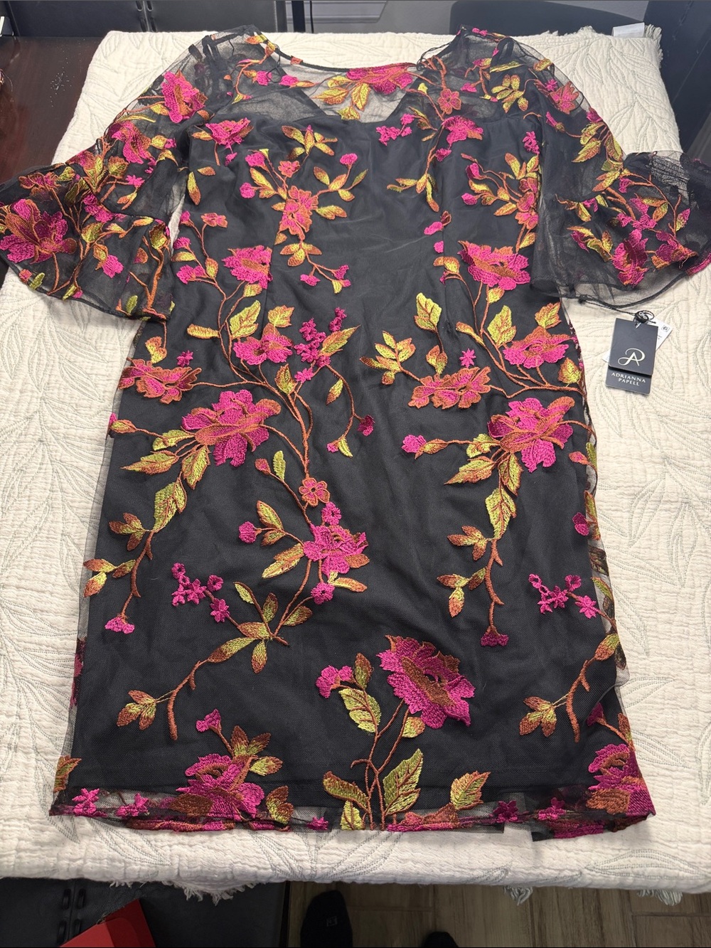 Cocktail Black Mesh Midi Dress with Pink & Gold Floral Embroidery Bell sleeves
